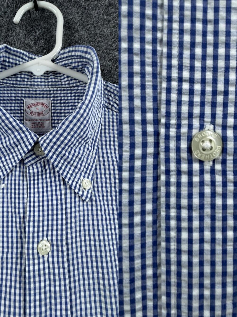 Brooks Brothers Seersucker Blue White Short Sleeve Small Check Button-Down Mens